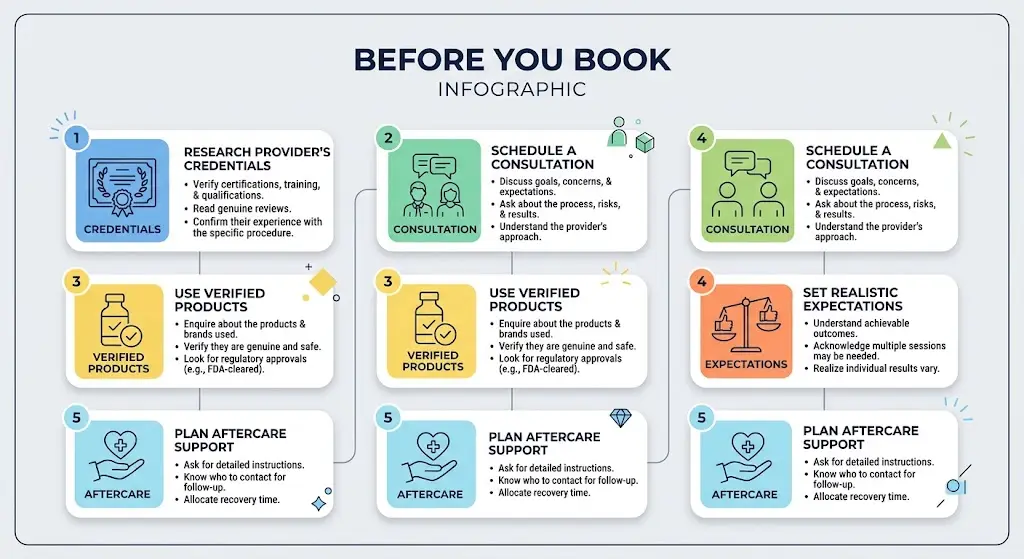 Infographic titled 'Before You Book' listing 5 steps: Provider Credentials, Consultation, Verified Products, Realistic Expectations, and Aftercare Support.