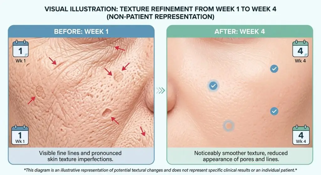 Illustrative comparison of skin texture from Week 1 to Week 4 after microneedling