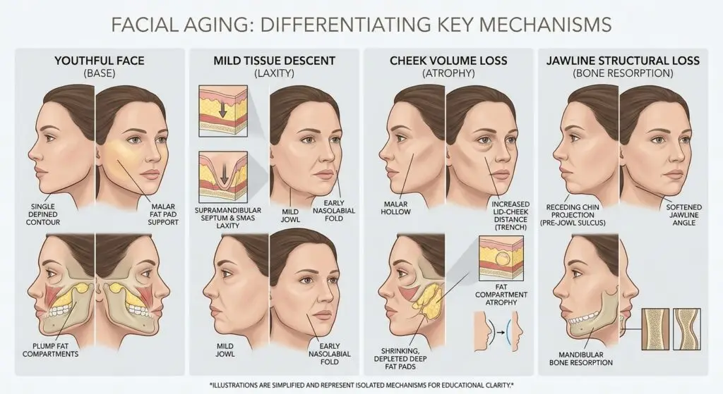 Medical illustration comparing three facial aging mechanisms: tissue descent, cheek volume loss, and jawline bone resorption.