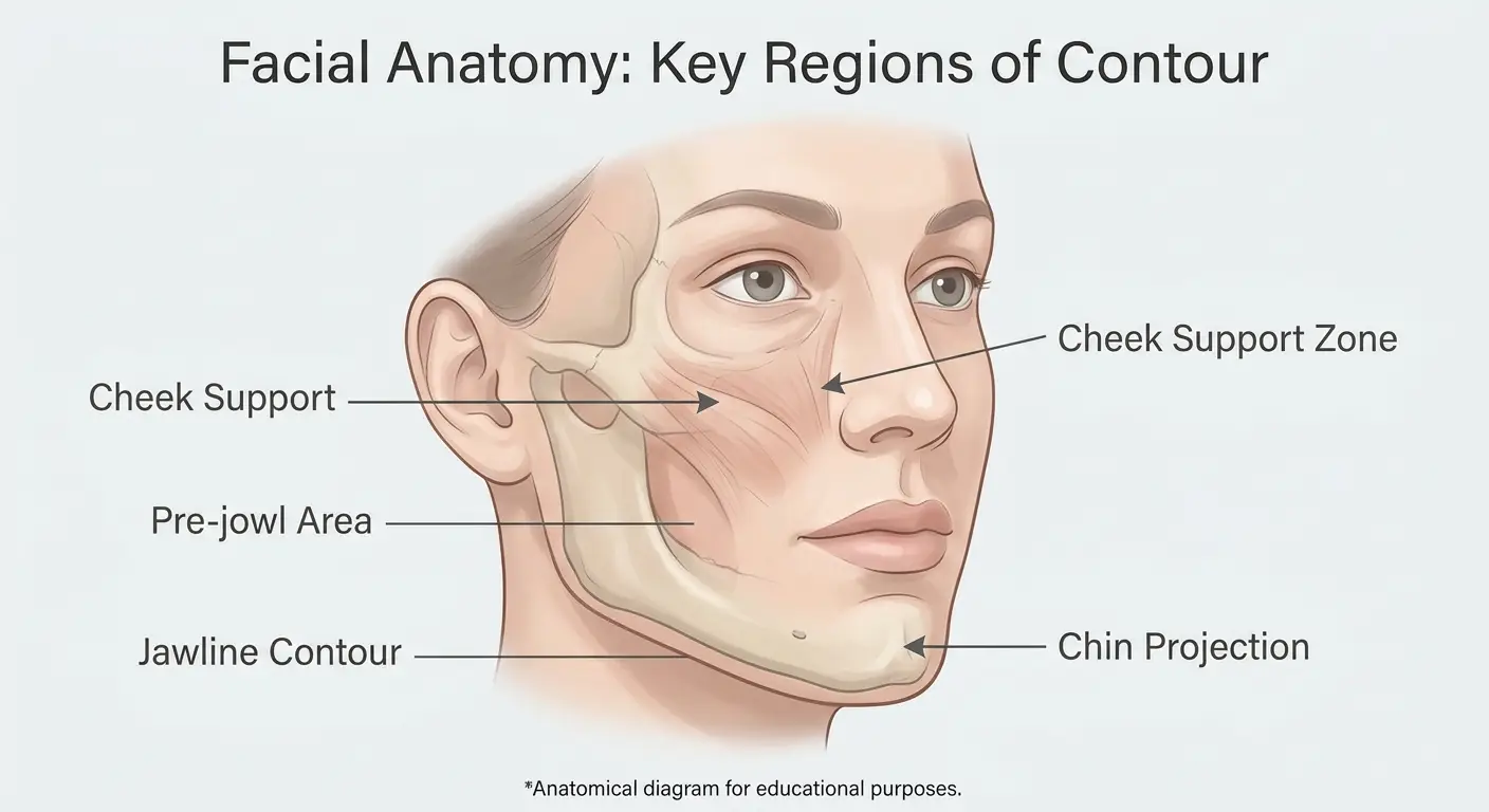 Facial anatomy diagram labeled with cheek support, pre-jowl area, chin projection, and jawline contour